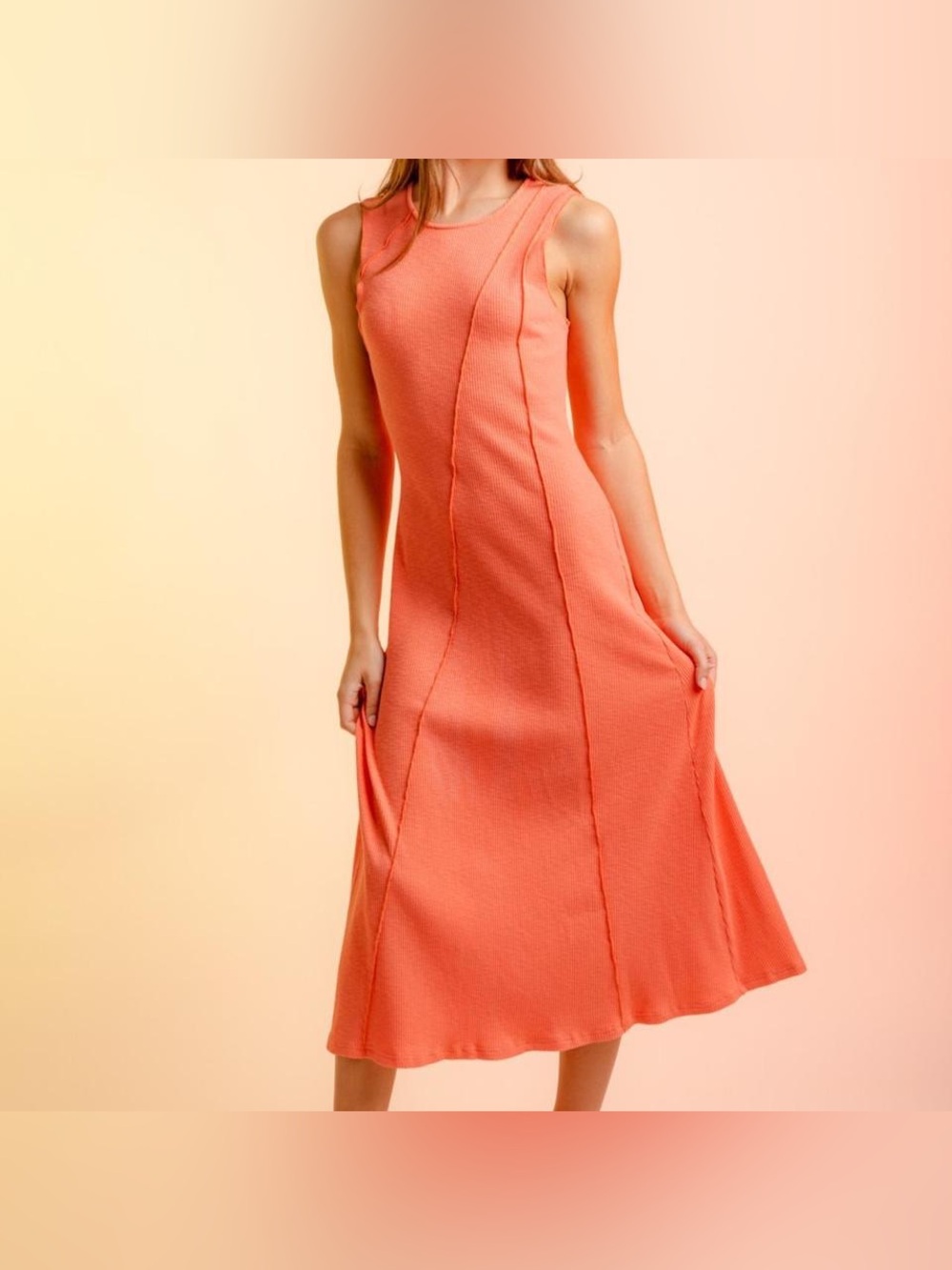 NWOT New In Sleeveless Coral Midi Dress w/ Raw Hem SZ MED